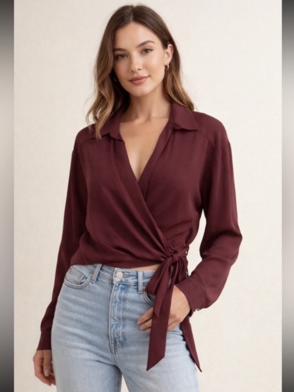 Wrap-Front Blouse with Side Tie in Burgundy